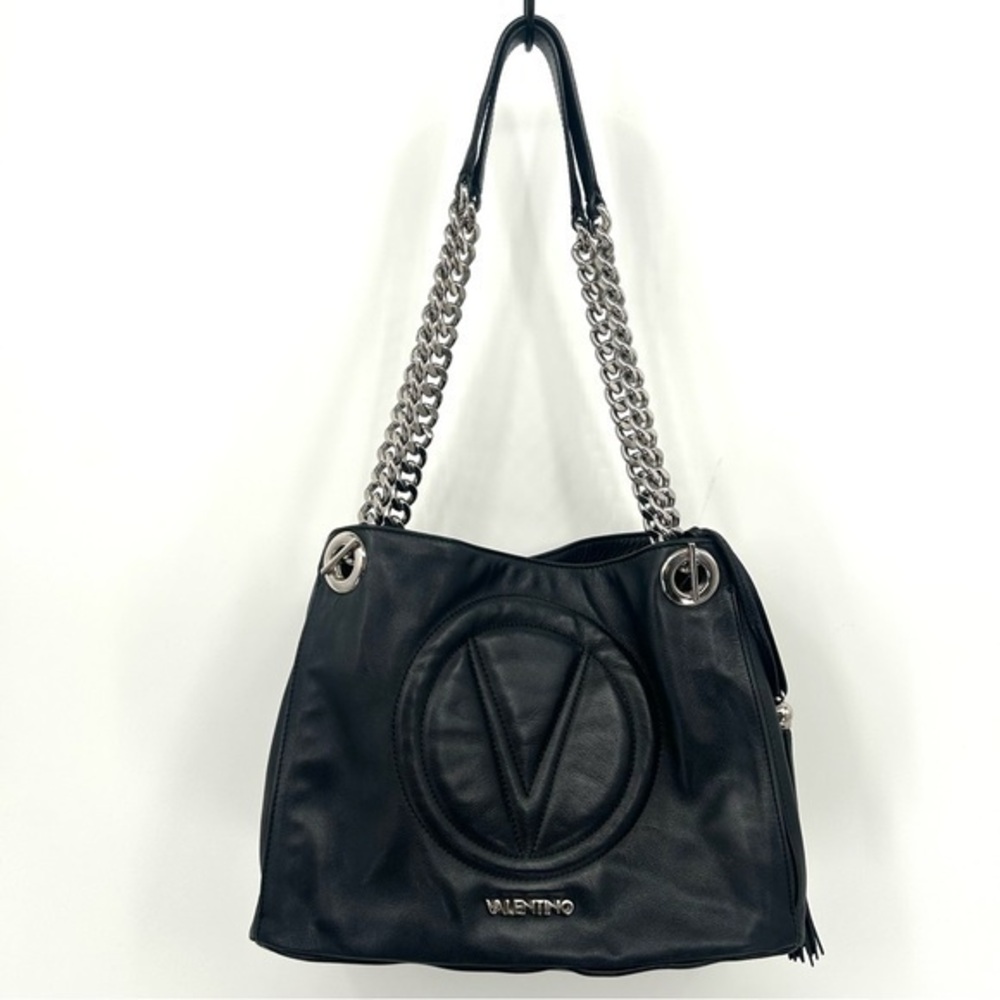 VALENTINO BY MARIO VALENTINO Black Leather & Silver Hardware Shoulder Bag